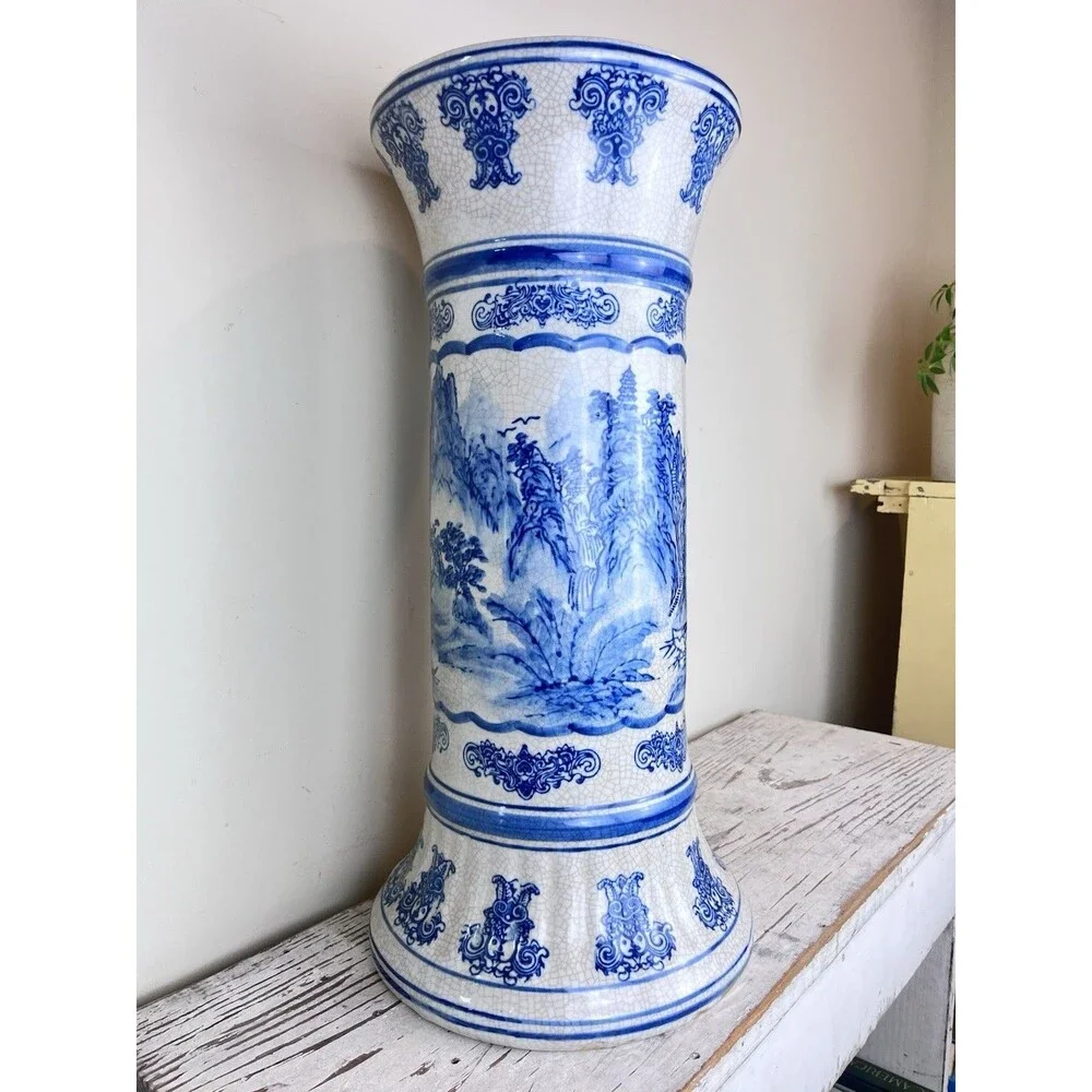 Vintage Mid Century Pedestal Shan Shui Pattern Mountain River Blue White Crazed